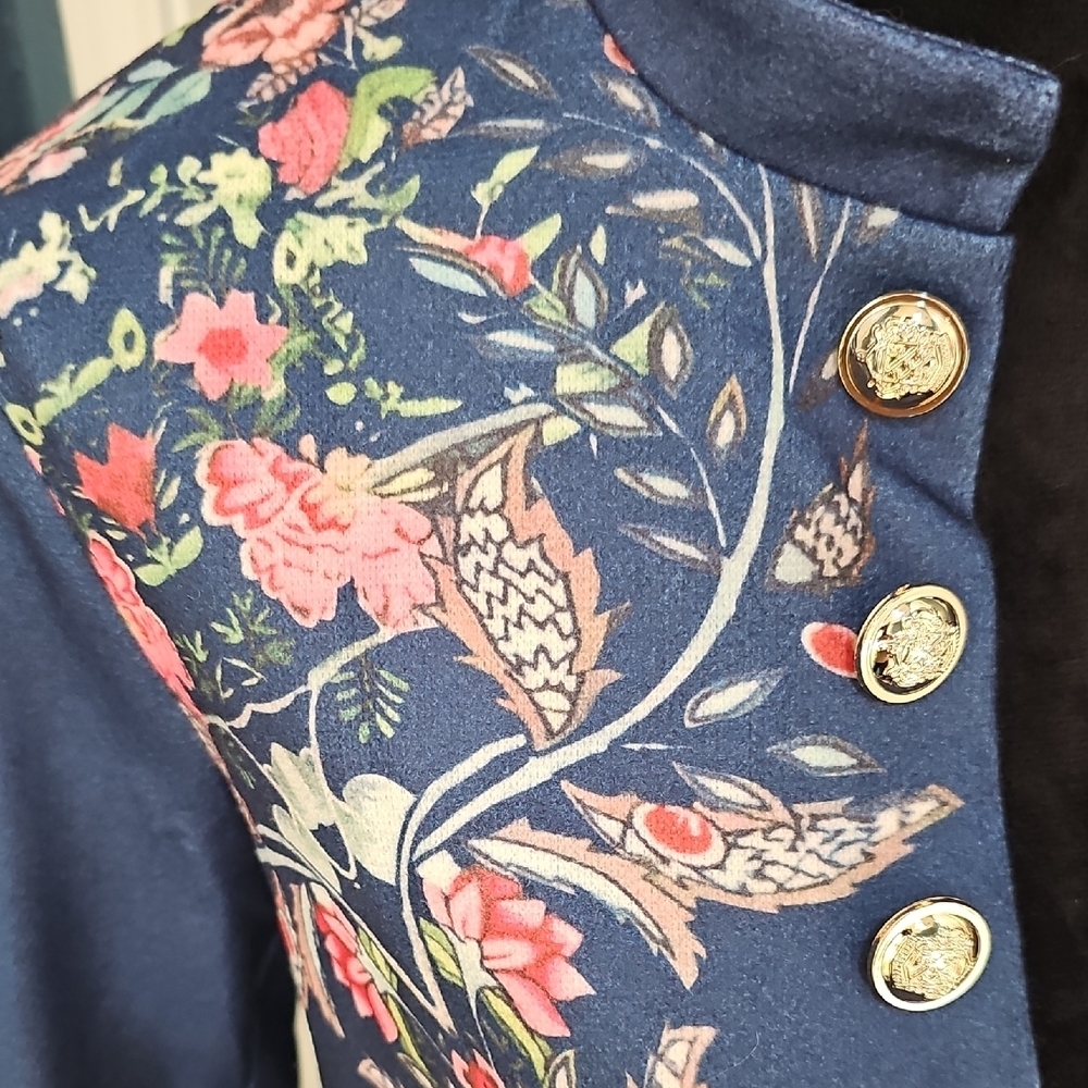 NWT Sinhoon Navy Double Breasted Gold Tone Button Tailored Floral Blazer XL - Picture 10 of 12